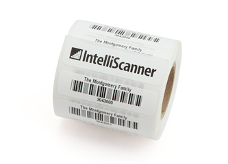 Custom asset tags printed with library name and serialized barcodes